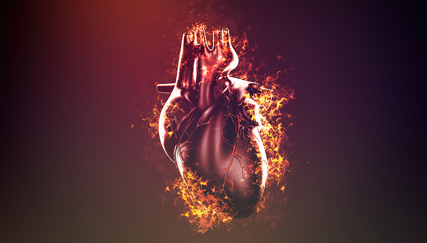 3D illustration of human heart surrounded in flames.