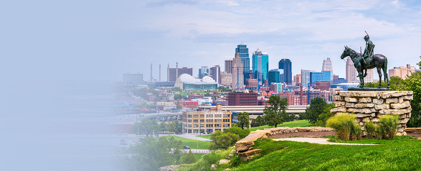 Downtown Kansas City skyline with The Scout statue.