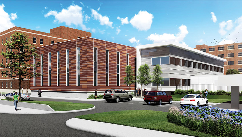 Proton therapy building rendering.