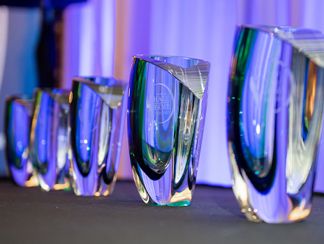 Photo of glass Hall of Fame awards on a table