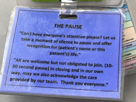 Photo of a blue badge buddy card that depicts The Pause Program verbiage