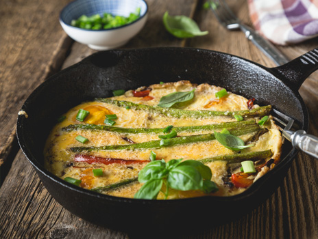 Asparagus, Basil and Shallot Frittata in a pan