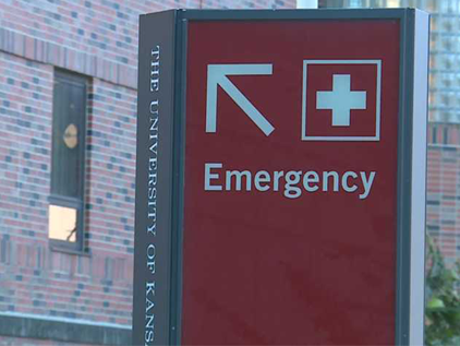 Red, vertical emergency department street sign.
