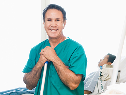 Smiling hospital janitor.