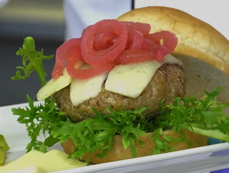 Turkey burger with havarti cheese and pickled onions